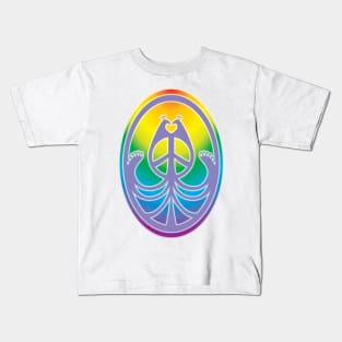 Peace, Love, and Peacocks (Rainbow w/Purple) Kids T-Shirt